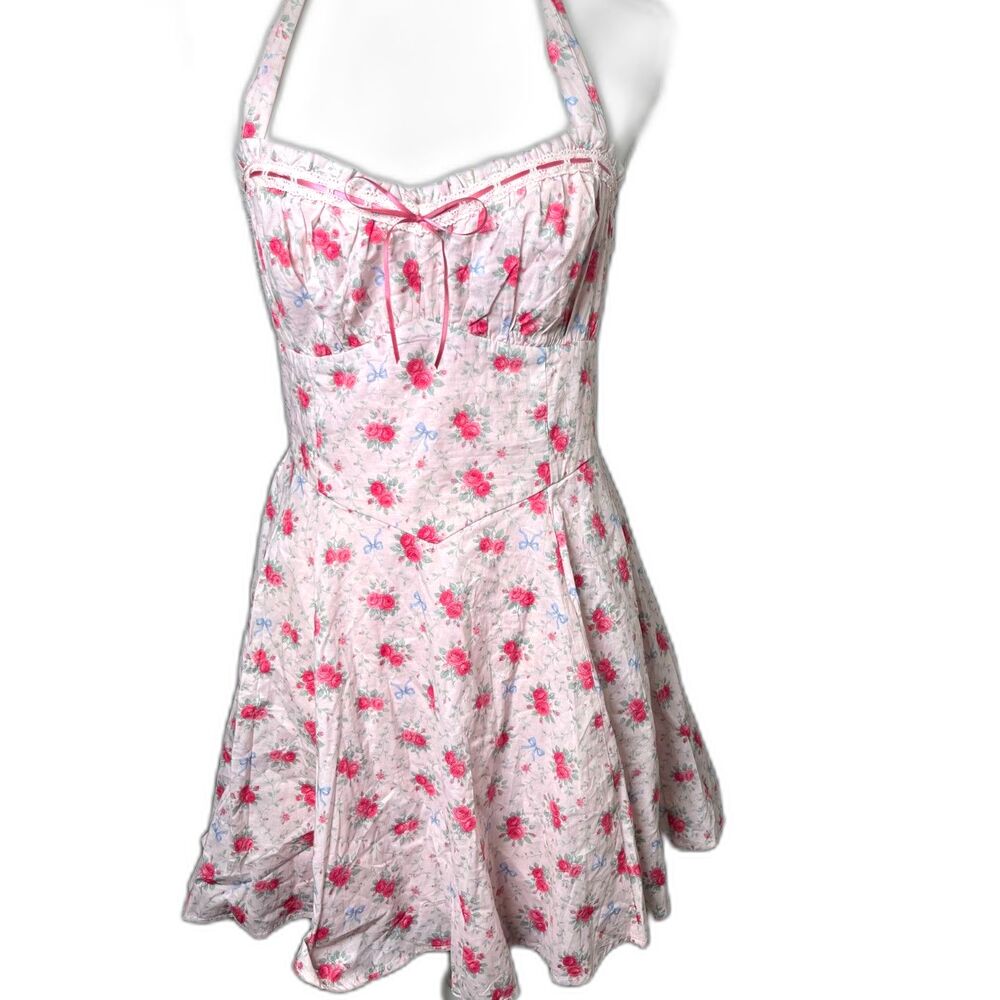 Altar'd State Size Large Pink Coquette Floral bow halter dress NWOT cotton - Picture 2 of 5